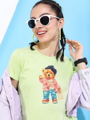 Tokyo Talkies Printed Women Round Neck Green T-Shirt