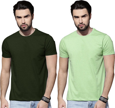 LazyChunks Solid Men Round Neck Light Green, Black T-Shirt