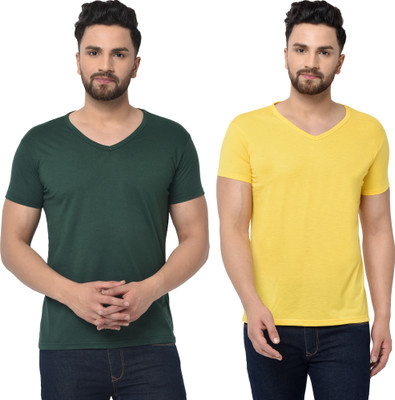 Tresna Fab Solid Men V Neck Dark Green, Yellow T-Shirt