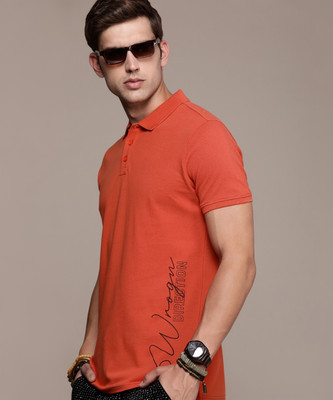 WROGN Printed Men Polo Neck Orange T-Shirt
