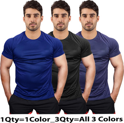 UDI n ADI Solid Men Round Neck Blue, Black, Dark Blue T-Shirt