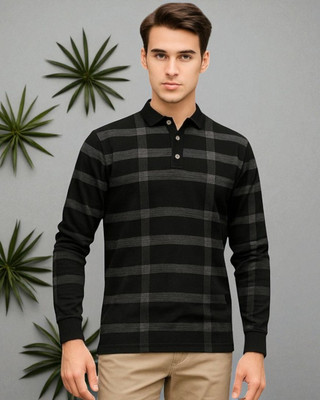 TrendShaper Checkered Men Polo Neck Black T-Shirt
