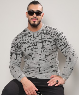 Instafab Plus Printed Men Round Neck Grey, Black T-Shirt