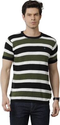 Linen Club Striped Men Round Neck Black, Dark Green, White T-Shirt