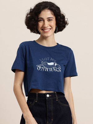 HERE&NOW Printed Women Round Neck Blue T-Shirt