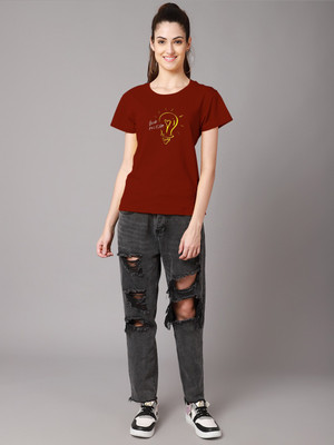 FBAR Typography Women Round Neck Maroon T-Shirt