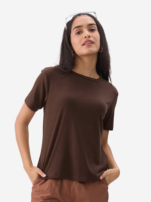 The Souled Store Solid Women Round Neck Brown T-Shirt