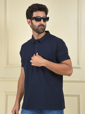 CRIMSOUNE CLUB Solid Men Polo Neck Navy Blue T-Shirt