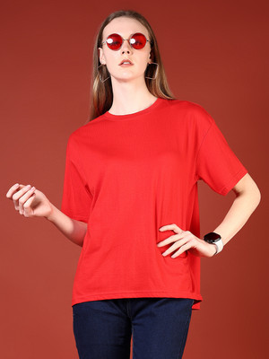 V-MART Solid Women Crew Neck Red T-Shirt