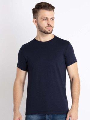 Status Quo Solid Men Round Neck Navy Blue T-Shirt