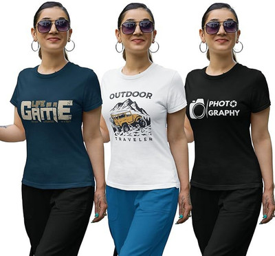Carbonyte Printed Women Round Neck Navy Blue, White, Black T-Shirt