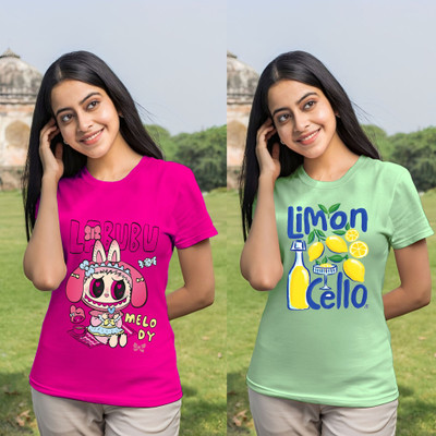 Kintu Parantu Cartoon Women Round Neck Pink T-Shirt