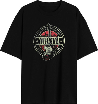 Peach Blossom Printed Men Round Neck Black T-Shirt