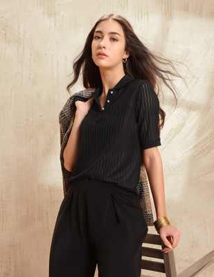 U.S. POLO ASSN. Self Design Women Polo Neck Black T-Shirt