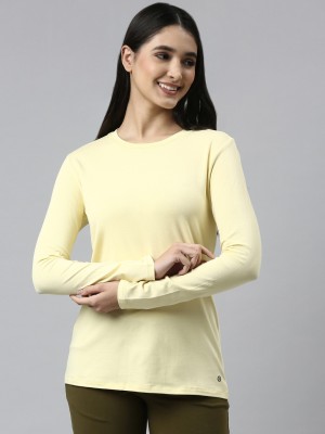 Enamor Solid Women Round Neck Yellow T-Shirt