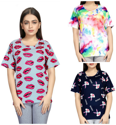 FAYDAMALL Printed Women Round Neck Multicolor T-Shirt