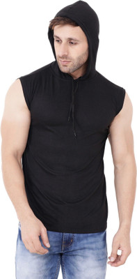 GEUM Solid Men Hooded Neck Black T-Shirt