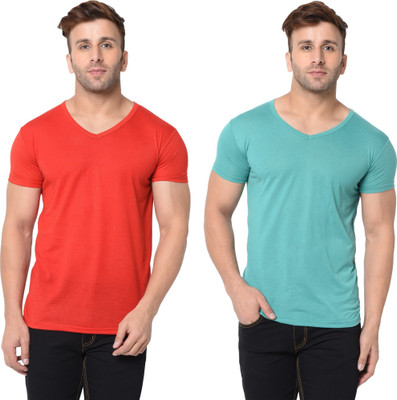 Tresna Fab Solid Men V Neck Red, Light Green T-Shirt