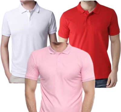 Krafy Solid Men Polo Neck Red, White, Pink T-Shirt