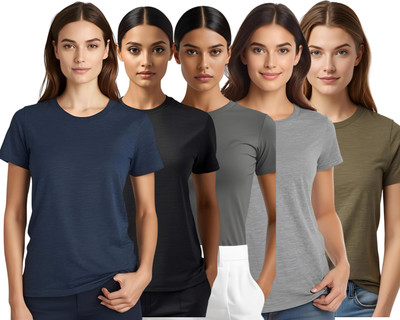 SHARXTRENDS Solid Women Round Neck Green, Black, Grey, Silver, Navy Blue T-Shirt