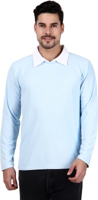 TEEMEX Solid Men Polo Neck Blue T-Shirt