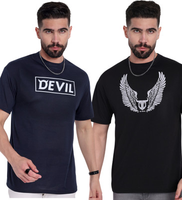 Go Devil Printed Men Round Neck Navy Blue, Black T-Shirt
