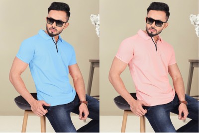 INDICLUB Solid Men Polo Neck Blue, Pink T-Shirt