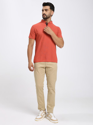 KCOTS Solid Men Polo Neck Orange T-Shirt