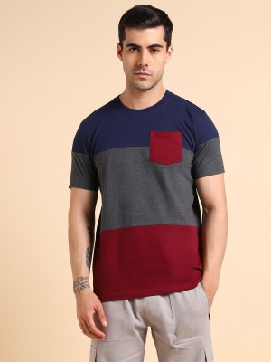 Dennis Lingo Colorblock Men Round Neck Navy Blue T-Shirt