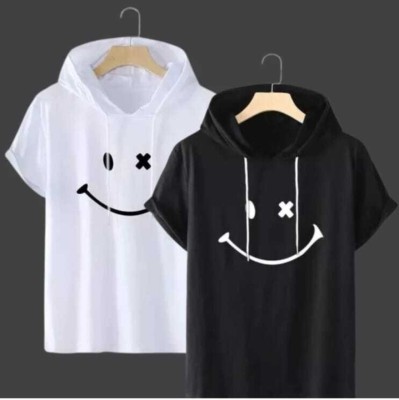 Sahu fashion Printed, Geometric Print, Typography Men Hooded Neck Black, White T-Shirt