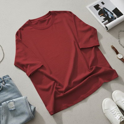 Royal Rajvnshi Solid Women Round Neck Maroon T-Shirt
