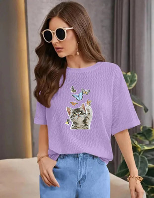 WEXAM STYLE Animal Print Women Crew Neck Purple T-Shirt