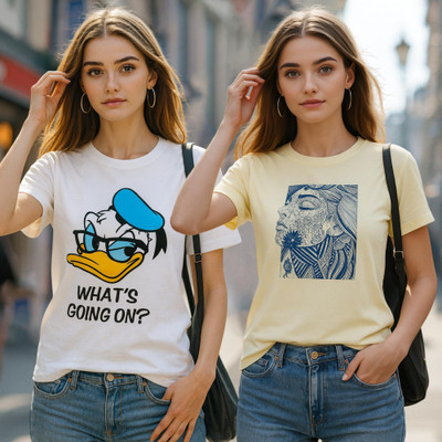 Fabflee Printed Women Round Neck Multicolor T-Shirt
