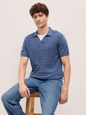 THE BEAR HOUSE Self Design Men Polo Neck Blue T-Shirt