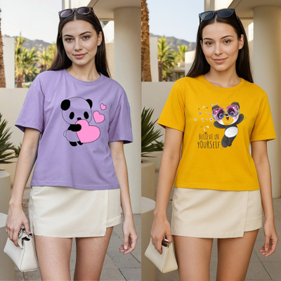 Kasendra Printed Women Round Neck Purple, Yellow T-Shirt