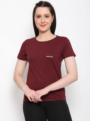 OUTFLITS Solid Women Round Neck Brown T-Shirt