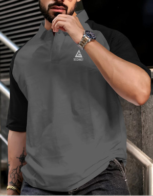 SCOWET Colorblock Men Polo Neck Grey T-Shirt