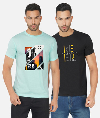 GLOBAL NOMAD Printed Men Round Neck Light Blue, Black T-Shirt