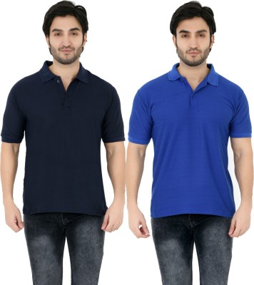 YUALIN CREATION Solid Men Polo Neck Blue T-Shirt