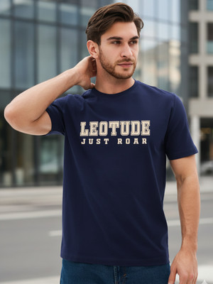 JUST ROAR Printed Men Round Neck Navy Blue T-Shirt