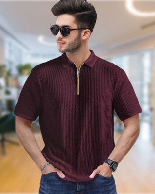 ABHYAMM Self Design Men Zip Neck Maroon T-Shirt