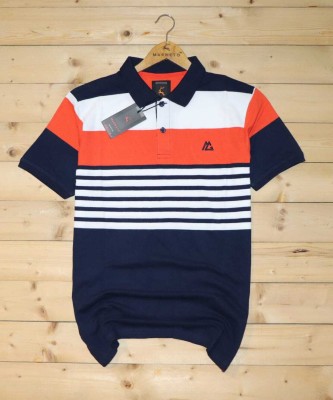 Magneto Striped Men Polo Neck Multicolor T-Shirt