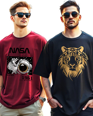 AUSK Printed Men Round Neck Black, Maroon T-Shirt