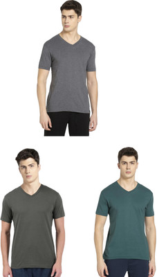 JOCKEY Solid Men V Neck Grey, Dark Green, Green T-Shirt