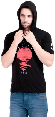 CT Fashion Printed Men Hooded Neck Black T-Shirt