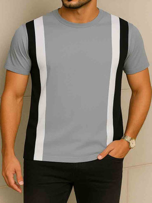 Try This Colorblock Men Round Neck Grey T-Shirt