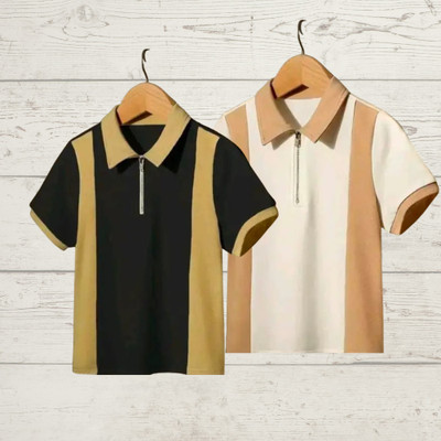 Nachic Self Design Men Polo Neck Black, Beige T-Shirt