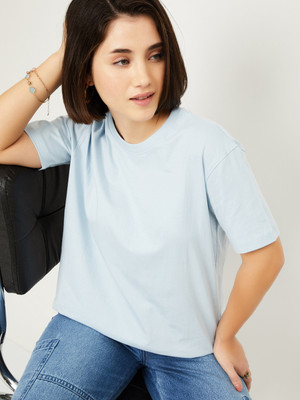MAX Printed Women Round Neck Blue T-Shirt