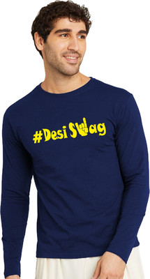 RULEDBYSUN Typography Men Round Neck Navy Blue T-Shirt