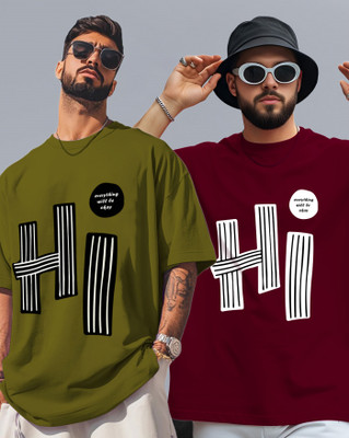 AOOSH Printed Men Round Neck Green, Maroon T-Shirt